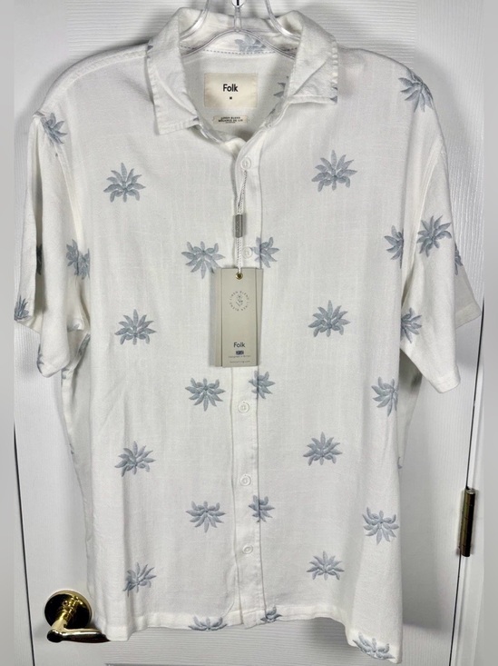 Folk Other - NWT Folk Conway Short Sleeve White Blue Leaf Palm Linen Shirt Medium